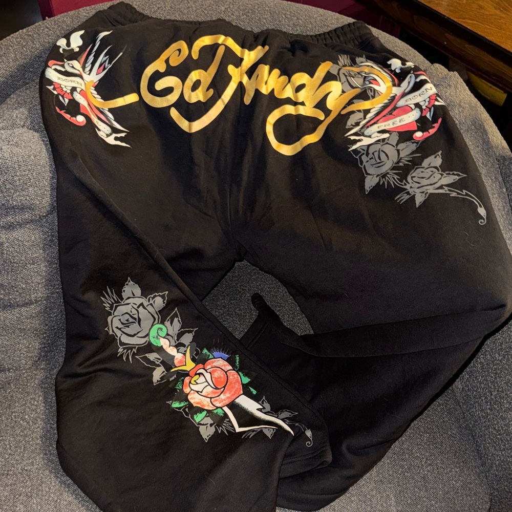Ed Hardy Black Sweatpants with Gold and Colorful Graphics